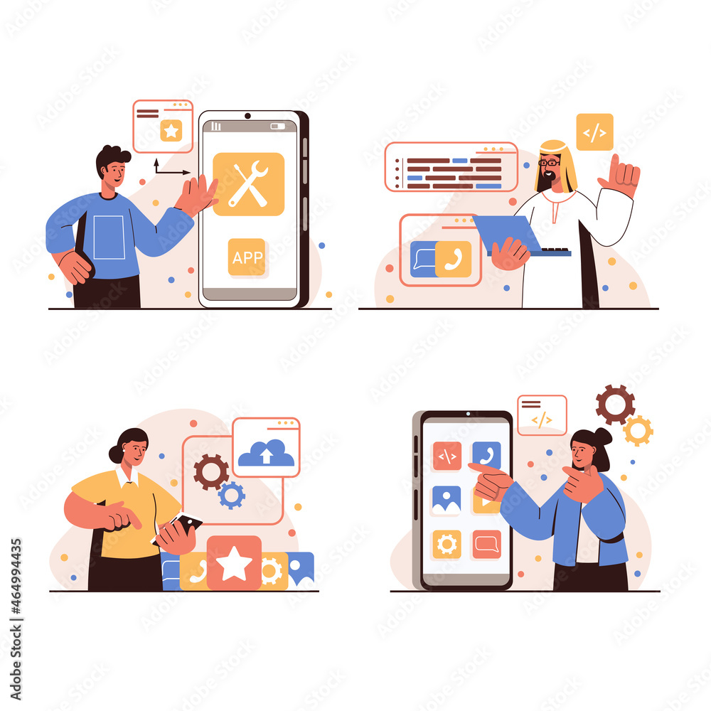 Fototapeta premium App development people concept isolated scenes set. Men and women create and optimize interface layouts, place elements, page, work with code and analyze data. Vector illustration in flat design