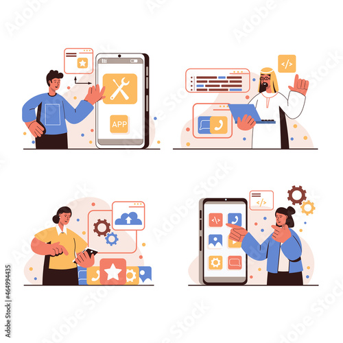 App development people concept isolated scenes set. Men and women create and optimize interface layouts, place elements, page, work with code and analyze data. Vector illustration in flat design © Andrey