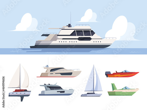Cruise yacht. Sea travel luxury ship for exploring ocean boat side garish vector illustrations in flat style