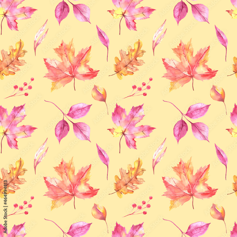 Seamless pattern with hand painted watercolor autumn leaves. Cute design for textile design, scrapbook paper, decorations. High quality illustration