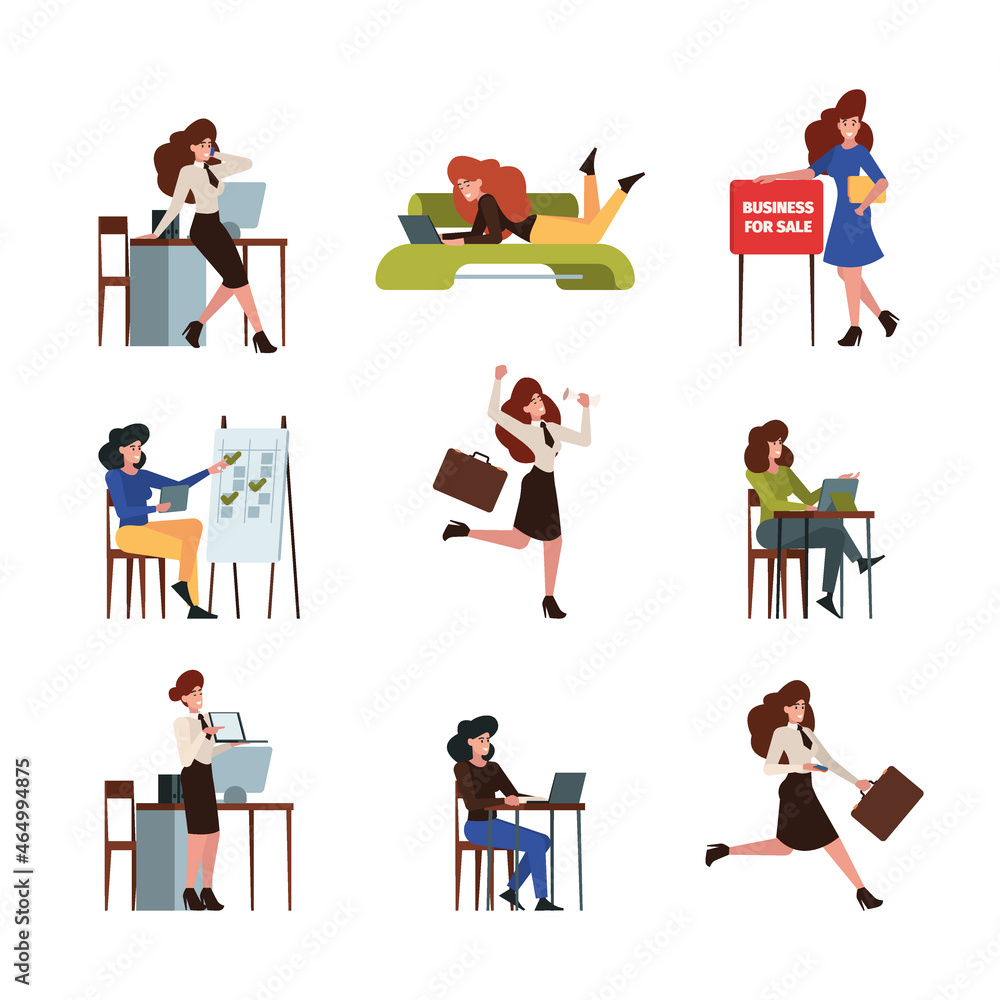 Woman working cafe. Female freelancers sitting with laptop office beauty managers garish vector people