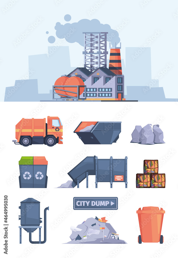 Recycling processes. Vehicles for industry waste sorting machines for cleaning garbage garish vector illustrations in flat style