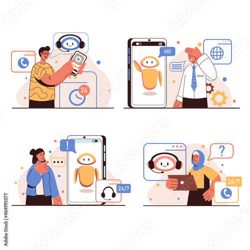 Virtual assistant people concept isolated scenes set. Men and women contact support and resolve their issues by communicating with chatbot in mobile application. Vector illustration in flat design