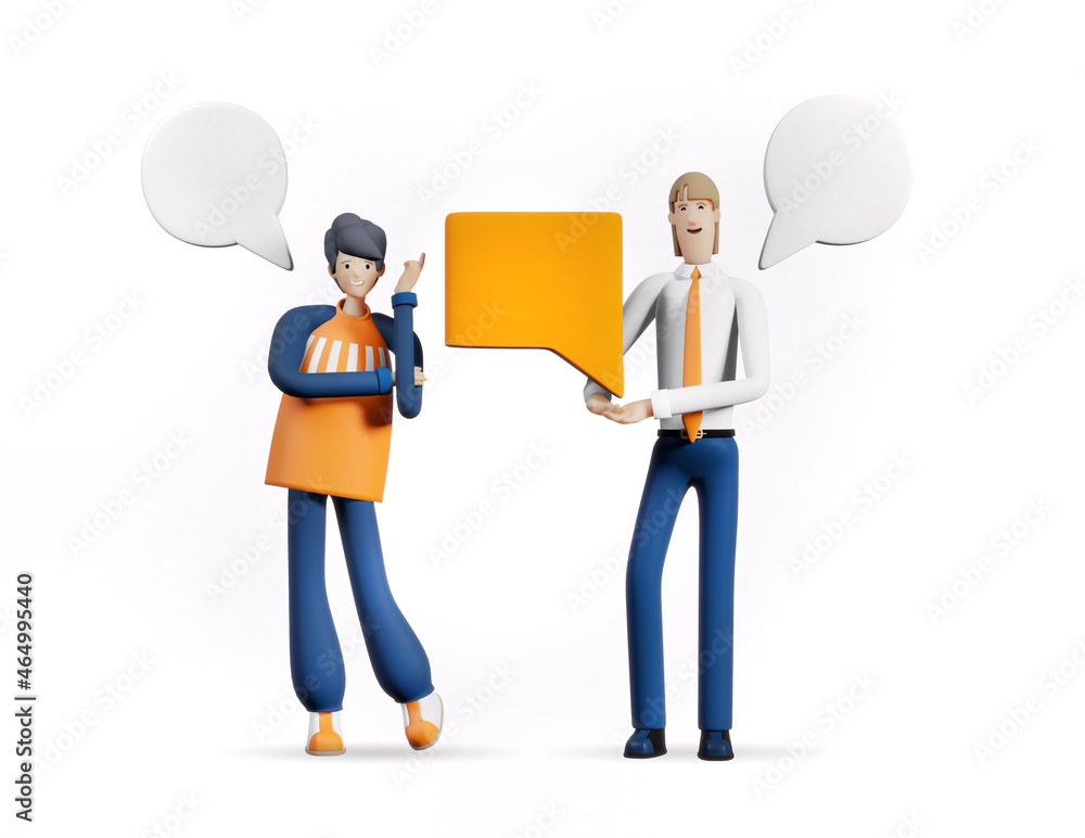 Group of business people with speech bubbles, team have a discussion, talking, negotiating, delegate responsibilities. 3D rendering illustration Group of business people with speech bubbles, team have a discussion, talking, negotiating, delegate responsibilities. 3D rendering illustration
