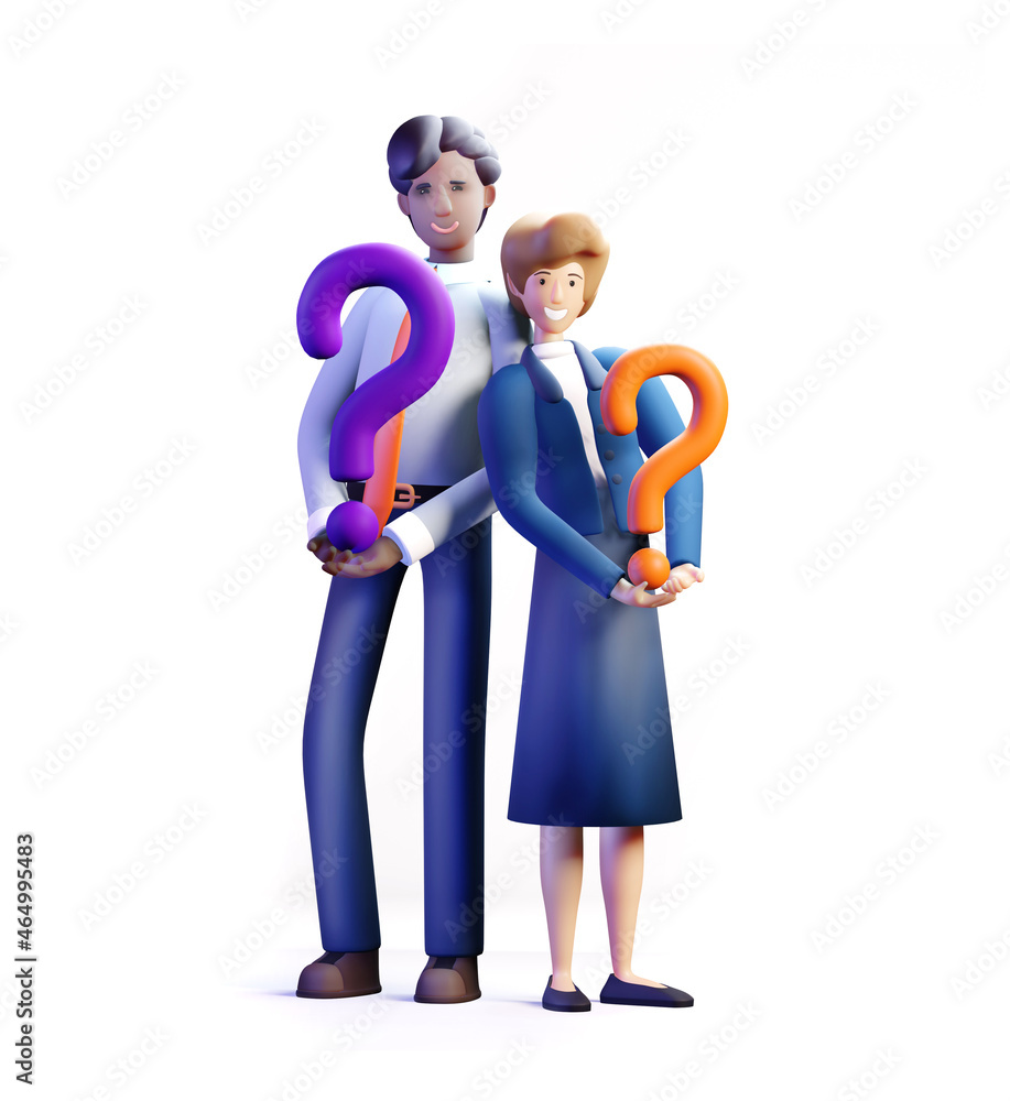 Business people with big question marks, 3D rendering illustration