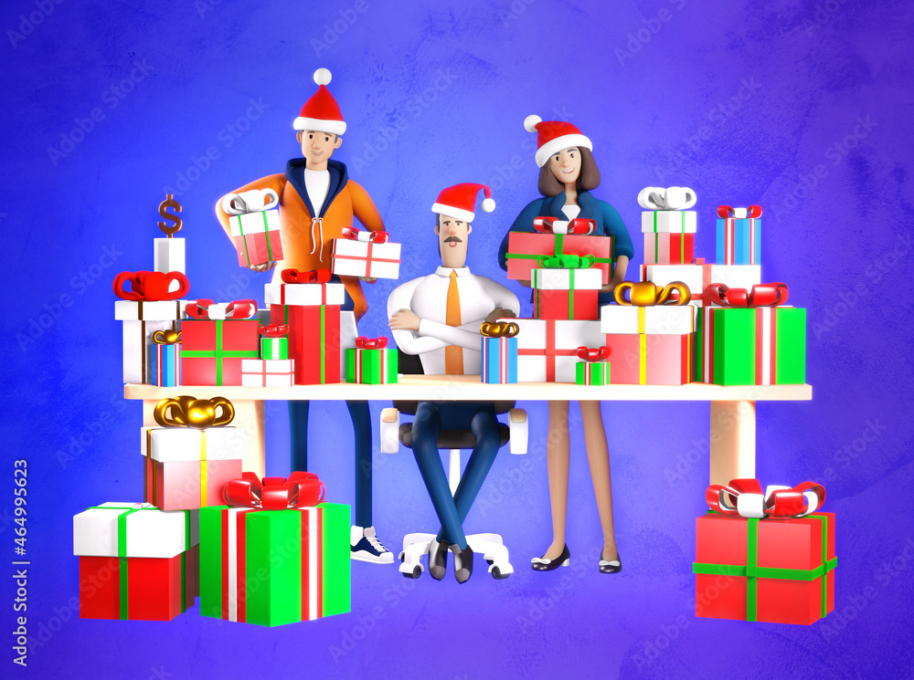 3D rendering illustration Businessman and his team next to desk with lots of presents and Christmas gifts. Celebrating Christmas and new year in office, business and corporate life 3D rendering illustration Businessman and his team next to desk with lots of presents and Christmas gifts. Celebrating Christmas and new year in office, business and corporate life