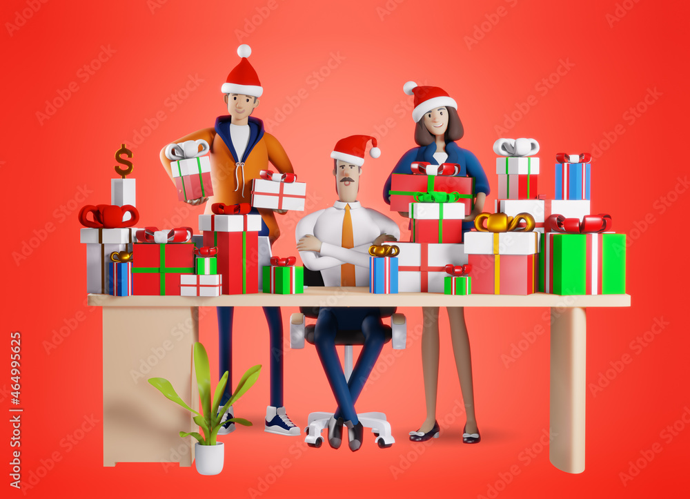 3D rendering illustration Businessman and his team next to desk with lots of presents and Christmas gifts. Celebrating Christmas and new year in office, business and corporate life 3D rendering illustration Businessman and his team next to desk with lots of presents and Christmas gifts. Celebrating Christmas and new year in office, business and corporate life