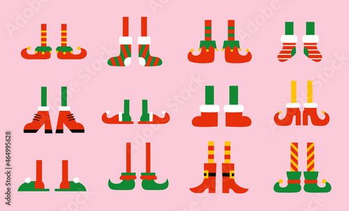 Shoes and boots for elves feet. Santa Claus helpers. Vector collection of cute cartoon Christmas holiday elf feet and legs. Isolated illustrations