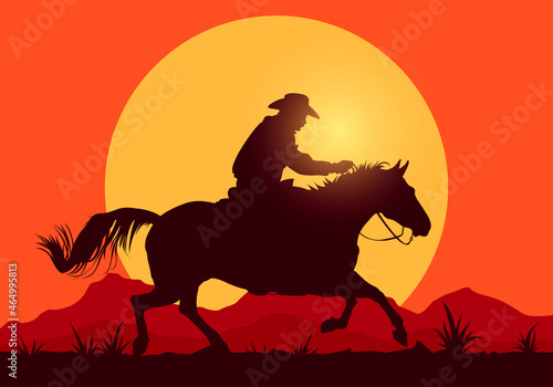 Vector Illustration Silhouette Of Western Cowboy Riding A Horse