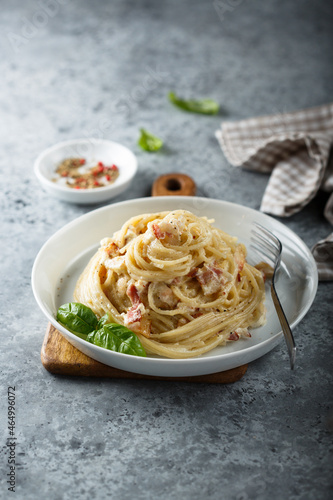 Homemade pasta Carbonara with bacon