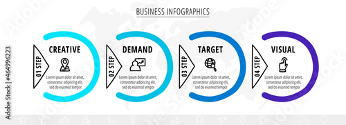 Modern vector line infographics with four circles and triangles. Hand drawn flat chart process template with 4 steps with arrows. Timeline for business project, presentation, banner, diagram, content