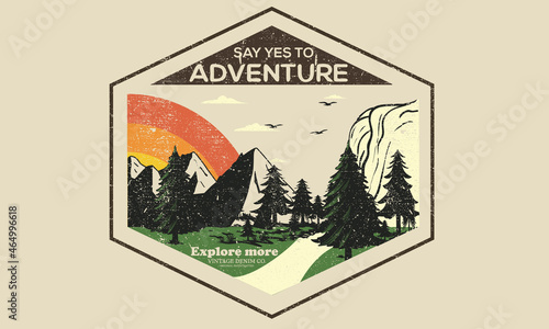 Retro adventure hand digital sketch graphic print design.  Adventure at the mountain vintage print design. 