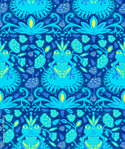 Blue green frogs with crowns on a pond with lilies and leaves. Seamless pattern. Paper cut flat style. Fabric decoration. Print for clothes. Textile design. Hand-drawn cute character. Vector