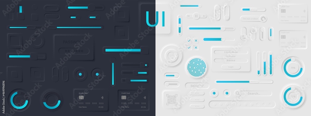 Neumorphism buttons collection. Neumorphism User interface design set. Neumorphism UI UX icons set. User interface elements for apps. Neumorphic buttons collection. Vector graphic. - obrazy, fototapety, plakaty 