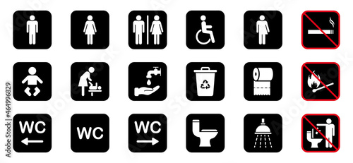 Set of WC Sign. Toilet Room Silhouette Icon. Restroom, Bathroom Pictogram. Mother and Baby Room. Public Washroom for Disabled, Male, Female, Transgender. No smoking Icon. Vector Illustration