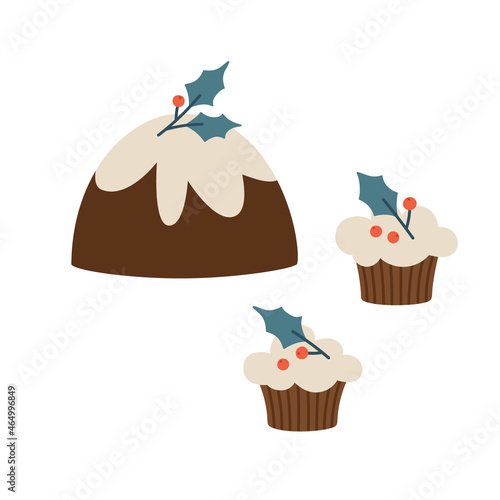 Hand-drawn set of Christmas pudding and cupcakes, with holly. Concept of the winter season, holidays, winter plants, Christmas. Colorful vector illustration, isolated on white.