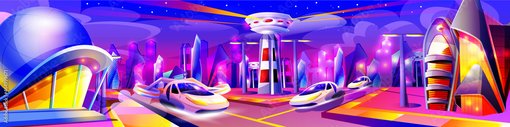 Future night city with neon glowing lights. Futuristic cityscape in violet colors. Modern buildings and flying cars unusual shapes. Alien urban architecture skyscrapers cartoon vector illustration.