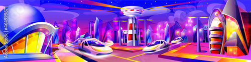 Future night city with neon glowing lights. Futuristic cityscape in violet colors. Modern buildings and flying cars unusual shapes. Alien urban architecture skyscrapers cartoon vector illustration.