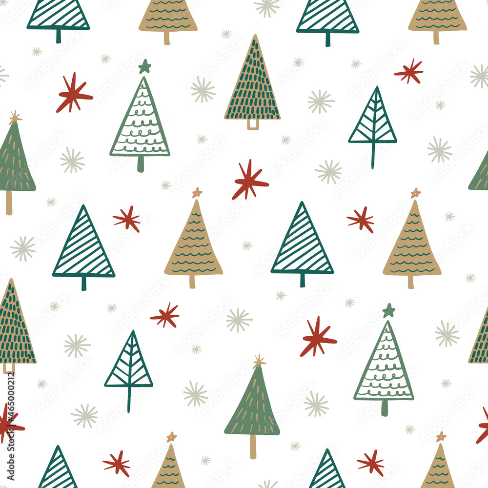 Cute winter season holiday childish seamless pattern with Scandinavian minimalist hand drawn Christmas tree doodle, pine tree, snowflakes. Beautiful New Year children background design, textile Cute winter season holiday childish seamless pattern with Scandinavian minimalist hand drawn Christmas tree doodle, pine tree, snowflakes. Beautiful New Year children background design, textile
