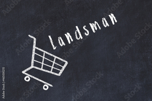 Chalk drawing of shopping cart and word landsman on black chalboard. Concept of globalization and mass consuming photo