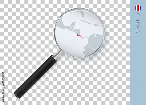 Costa Rica map with flag in magnifying glass on transparent background. photo