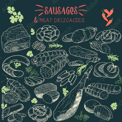 Set of meat products and meat delicacies. Sausages, ham, bacon, lard, salami in sketch style.