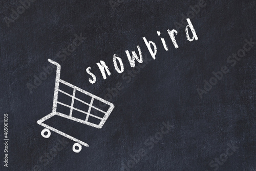 Chalk drawing of shopping cart and word snowbird on black chalboard. Concept of globalization and mass consuming photo