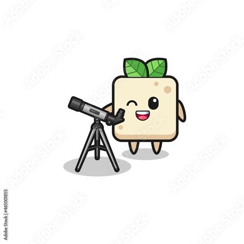tofu astronomer mascot with a modern telescope