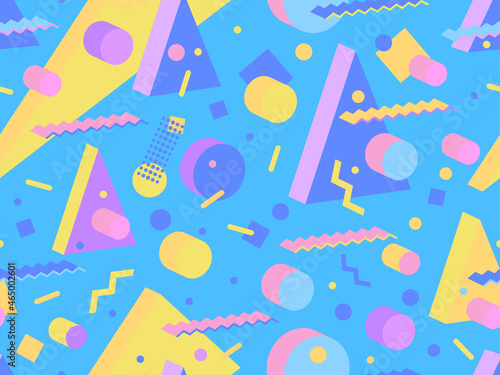 3d geometric seamless pattern in 80s memphis style. Isometric geometric shapes in different colors. Design for wrapping paper, promotional materials and fabrics. Vector illustration
