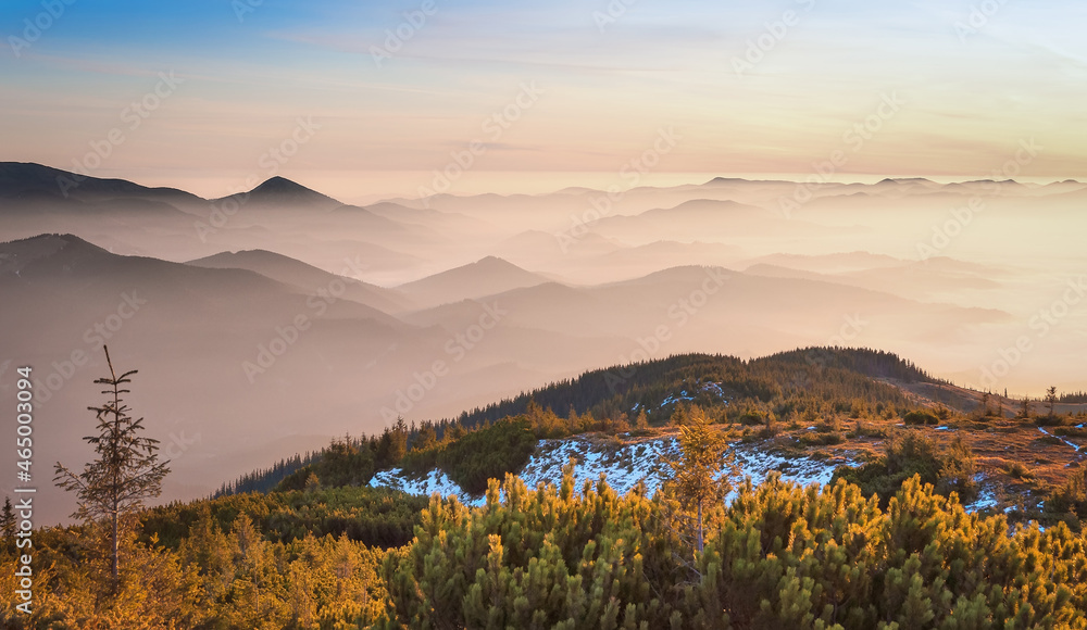 Beautiful landscape from Mount PipIvan in the morning light. Hiking. Dawn sunrise in autumn is beautiful in the mountains. Location place Carpathian mountains, Ukraine, Europe. Vibrant photo wallpaper