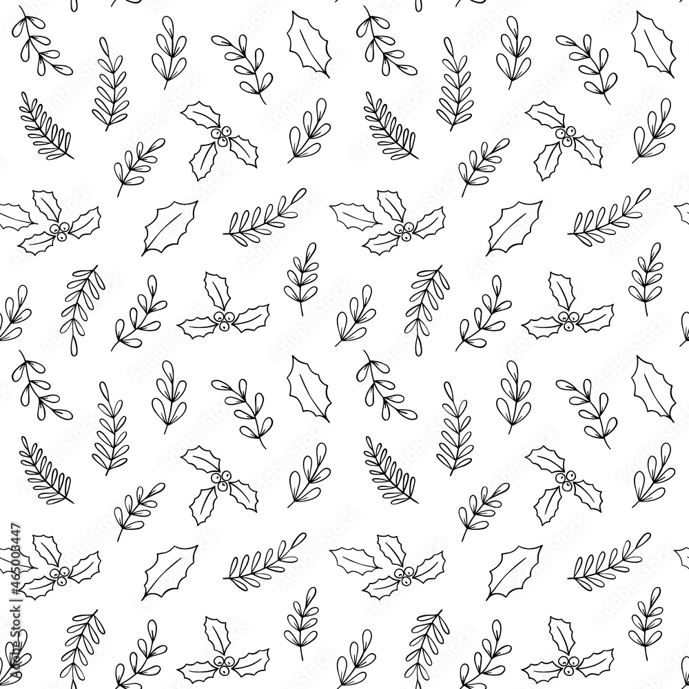Fototapeta premium Christmas plants, laurel branches, berries, holly, leaves. Floral botanical seamless vector pattern in black and white, outline. 