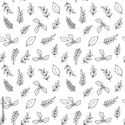 Christmas plants, laurel branches, berries, holly, leaves. Floral botanical seamless vector pattern in black and white, outline. 