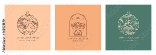 Xmas linear emblems with decorated fireplace and decorative baubles.Vector Christmas and New Year festive labels with traditional winter holiday symbols.Holiday celebration concepts.