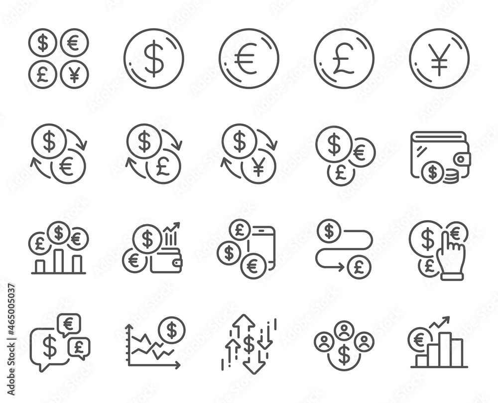 Currency line icons. Cash money, Euro Dollar transfer and Currency exchange. Financial rate, Change money and Euro Pound trade icons. Dollar transfer, Stock trade and Wallet with cash. Vector Currency line icons. Cash money, Euro Dollar transfer and Currency exchange. Financial rate, Change money and Euro Pound trade icons. Dollar transfer, Stock trade and Wallet with cash. Vector