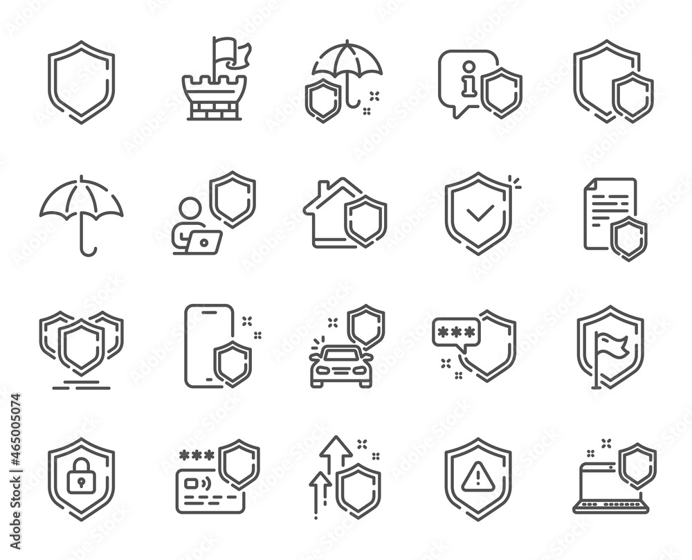 Fototapeta premium Defense line icons. Car insurance, Secure shield and Safe umbrella. Safety risk, Computer security and Defense privacy icons. Secure online information, Tower castle and protect shield. Vector