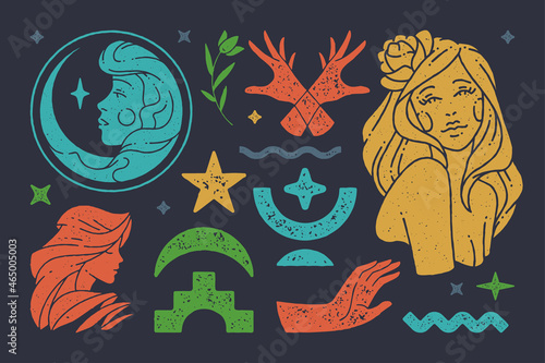 Portrait of goddess moon with star at boho crescent