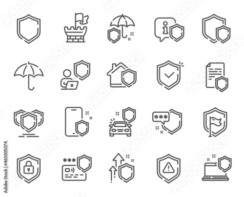 Defense line icons. Car insurance, Secure shield and Safe umbrella. Safety risk, Computer security and Defense privacy icons. Secure online information, Tower castle and protect shield. Vector