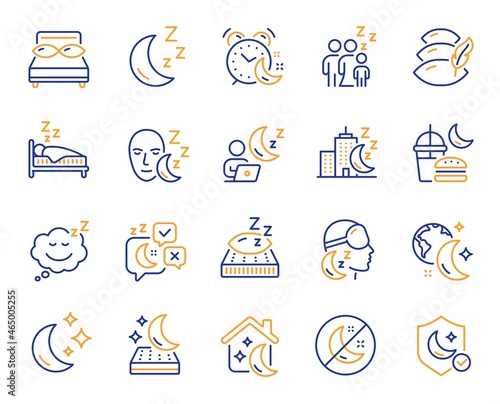 Sleep line icons. Sleeping pillow, Night bed and Insomnia sleeplessness. Bedroom rest mattress, Zzz snooze and Pillows with feather icons. Sleeping mask, Alarm clock and Human sleep in bed. Vector