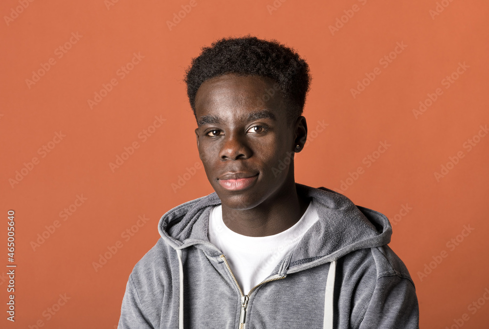 Fototapeta premium Handsome young Black man in a grey hoodie studio portrait