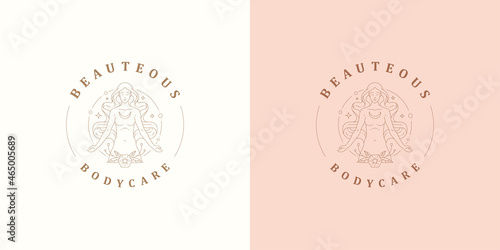 Magic female with flowers logo emblem design template vector illustration in minimal line art style