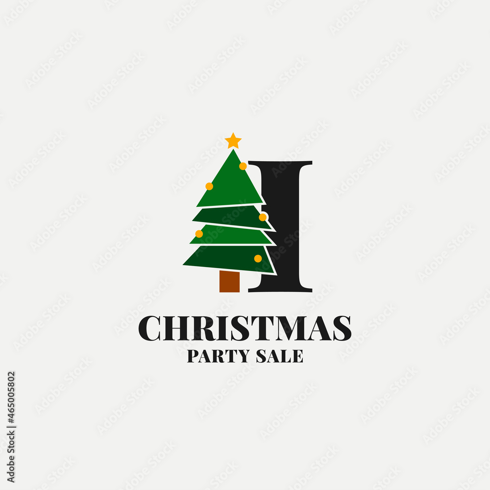 letter I with christmas tree decoration for celebrating december sale or party initial icon