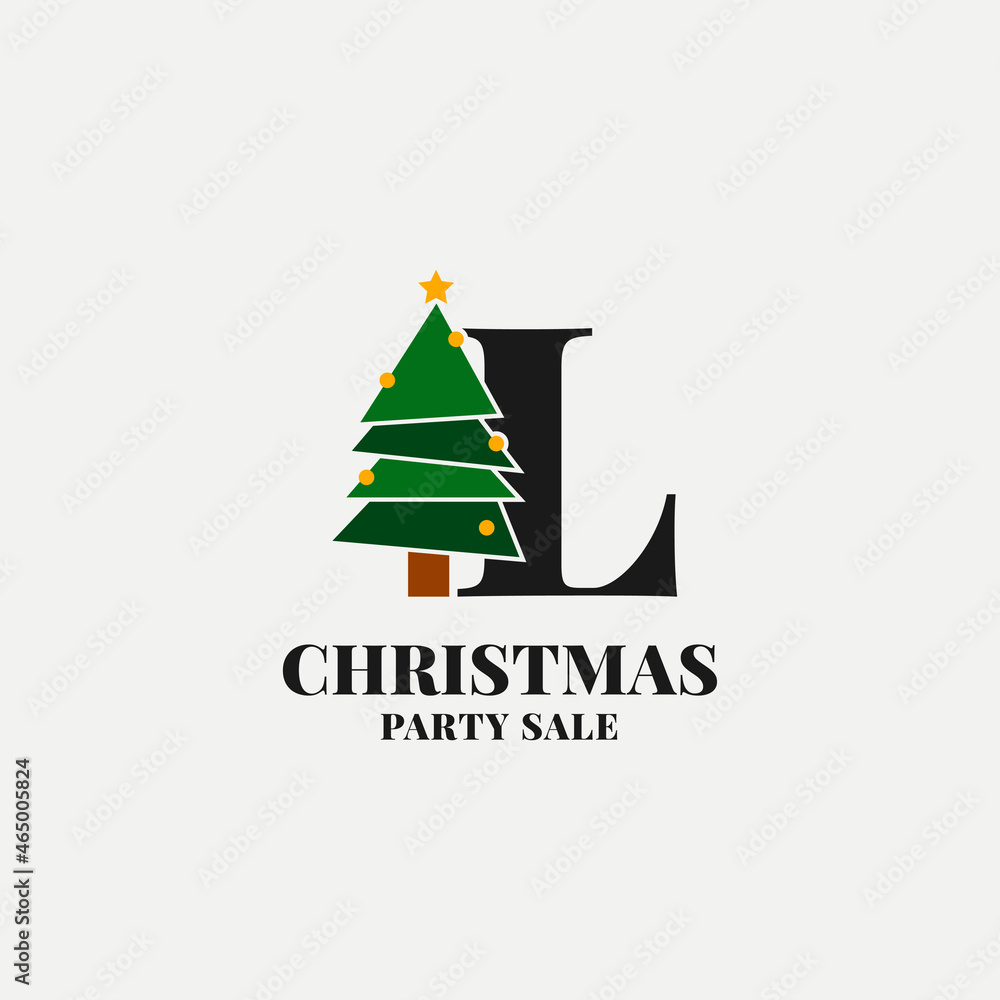letter L with christmas tree decoration for celebrating december sale or party initial icon
