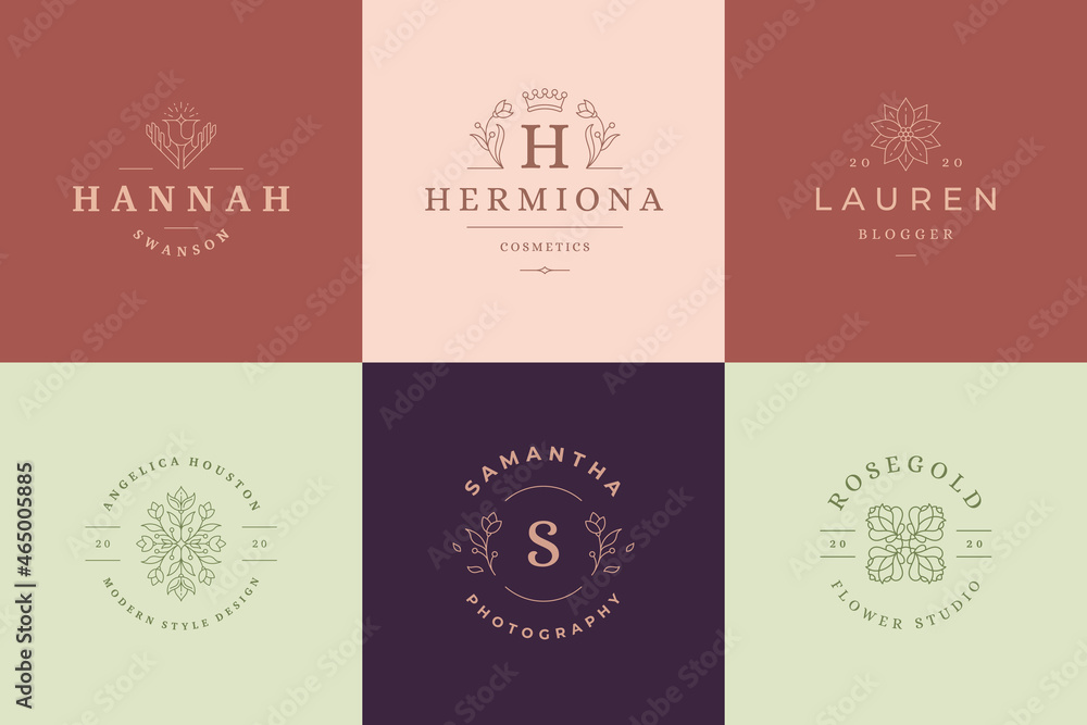 Flower logos emblems design templates set with botanical plants and rose vector illustrations minimal linear style. Flower logos emblems design templates set with botanical plants and rose vector illustrations minimal linear style.