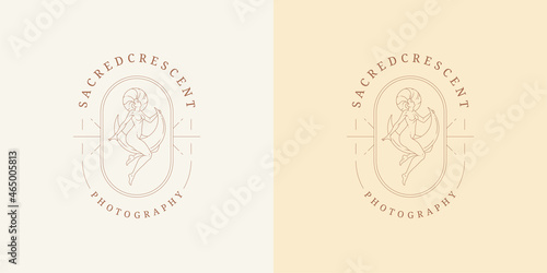 Magic female on moon crescent logo emblem design template vector illustration in minimal line art style