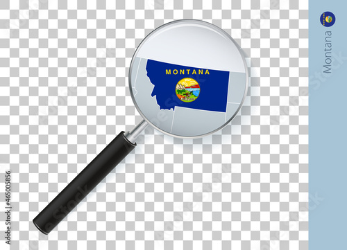 Montana map with flag in magnifying glass on transparent background.