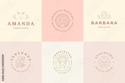 Feminine logos emblems design templates set with female portraits vector illustrations minimal linear style.