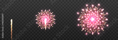 Set of vector holiday fireworks on isolated transparent background. Fireworks png, fireworks of different colors, salute, explosion png, holiday.