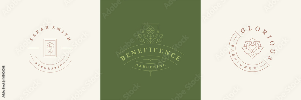 Flowers logos emblems design templates set with botanical plants and rose vector illustrations minimal line art style Flowers logos emblems design templates set with botanical plants and rose vector illustrations minimal line art style
