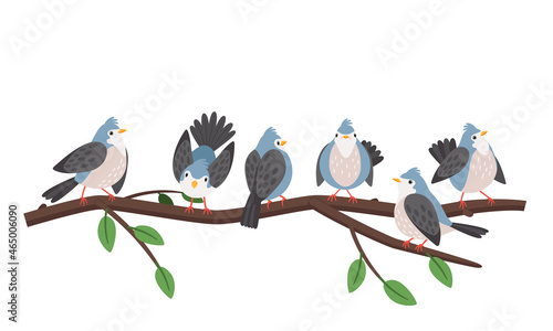 Spring branches birds. Blue bird set chirping and wings flapping on tree branch isolated on white, artistic titmouses on forest twig vector illustration