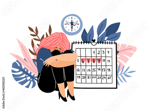 Female period days. Woman menustration calendar cartoon vector, feminine cramp fertile cycle hygiene periodical menstruation plan, fertility awareness time, menstrual periodic planning